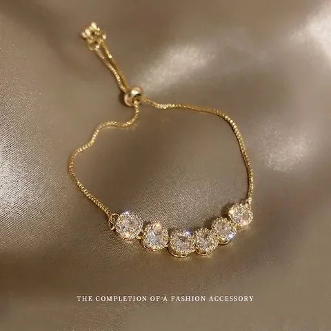 Pulsera Bolo Ajustable Para Mujer Aleación Chapada En Oro Real Incrustada Con Circonita Cúbica Joyería Elegante Minimalista