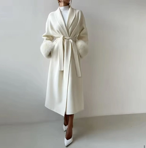 Women Long Woolen Coat With Faux Fur Cuffs Solid Color Tie Waist Lapel Collar Elegant Winter Outwear