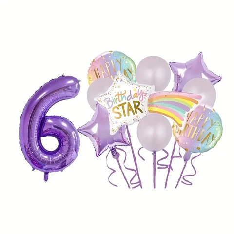 Palloncino Foil Numeri Viola E Palloncini Lattice Festa Compleanno Con Nastro E Cannuccia Stella E Forme Rotonde