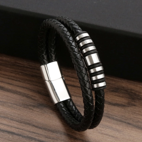 Men's Double Layer Braided Leather Bracelet With Stainless Steel Zinc Alloy Magnetic Clasp Punk Style Hardcore Jewelry