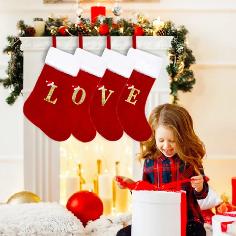 Kerstsok Fluweel Pluche Met Kunstbont Manchet Goud Glitter Letter Borduurwerk Hangende Vakantie Cadeauzakje Huis Decoratie