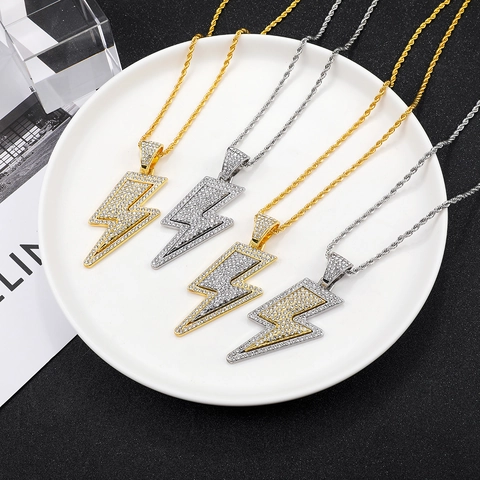 Collana Pendente Fulmine Hip Hop Lega Con Strass Catena Twist Gioielli Streetwear Iced Out