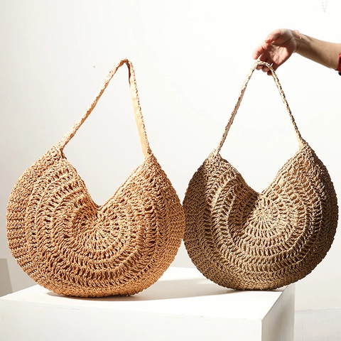 Große Gewebte Stroh-Schultertasche Handgewebte Halbmond Runde Tasche Für Den Sommerurlaub Am Strand Lässiger Stil