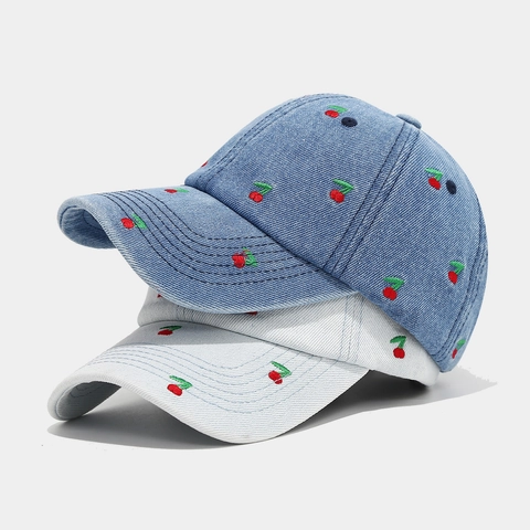 Baseball Cap Denim Cotton Cherry Embroidery Vintage Washed Adjustable Sun Hat For Women Men