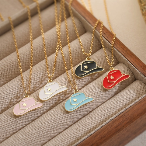 Collier Pendentif Chapeau De Cow-Boy Cuivre Émail Détail Étoile Style Western Goutte Huile Colorée Bijoux Femme