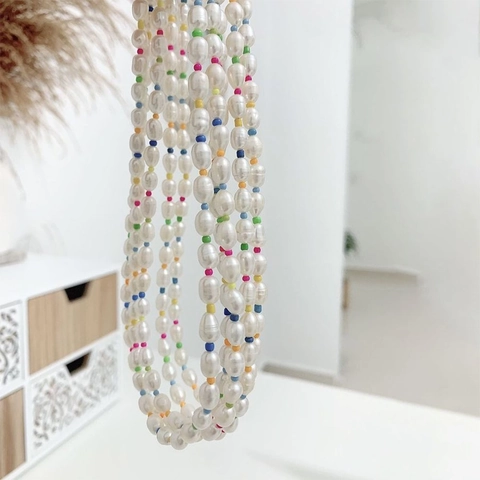 Bohemian Freshwater Pearl Necklace With Colorful Glass Beads Handwoven Women Beach Jewelry Gold Plated Adjustable Chain