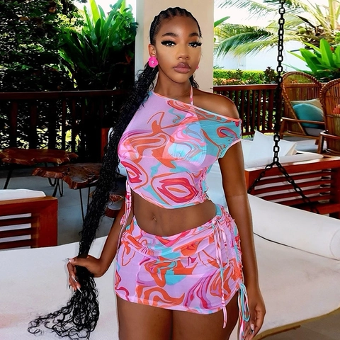 Abstrakter Marmordruck Halter Top Und Raffrock Mit Kordelzug Ärmelloses Damen Sommer Urlaubsoutfit
