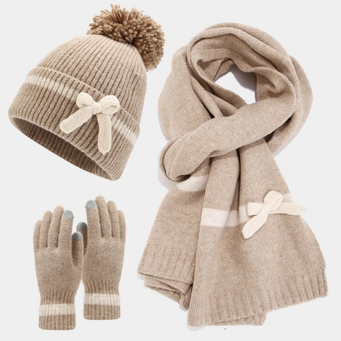 Winter Strickmütze Schal Und Handschuhe Damen Warm Bommel Schleife Dekorative Streifen Touchscreen Weich Acryl Dick