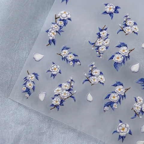Autocollants À Ongles Relief 3D Fleur De Camélia Style Chinois Bleu Blanc Floral Auto-Adhésif Ultra Mince PET Manucure