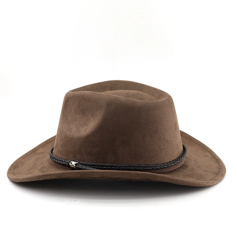 Cappello Da Cowboy Western Vintage Similpelle Scamosciata Fedora A Tesa Larga Con Fascia Intrecciata Decorativa Stile Jazz