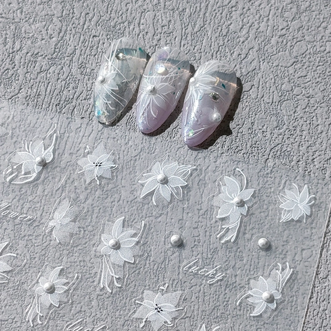 3D Relief Nail Art Stickers White Flower Artificial Pearl Design Embossed Self Adhesive Decals French Elegant DIY Manicure Decor
