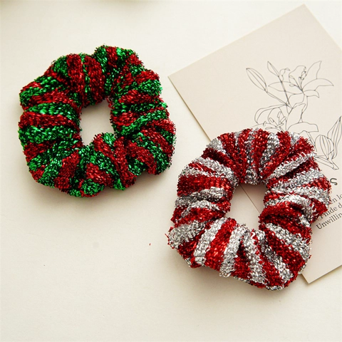 Shiny Metallic Christmas Hair Scrunchies Glitter Striped Elastic Hair Ties Festive Holiday Headdress For Women