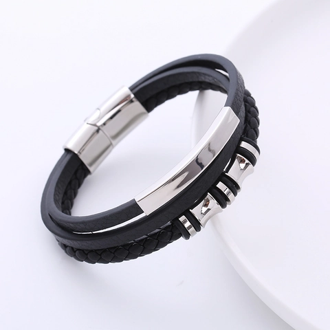 Geflochtenes Lederarmband Für Herren Mehrlagig Edelstahl Perlen Magnetverschluss Retro Punk Mode Armreif