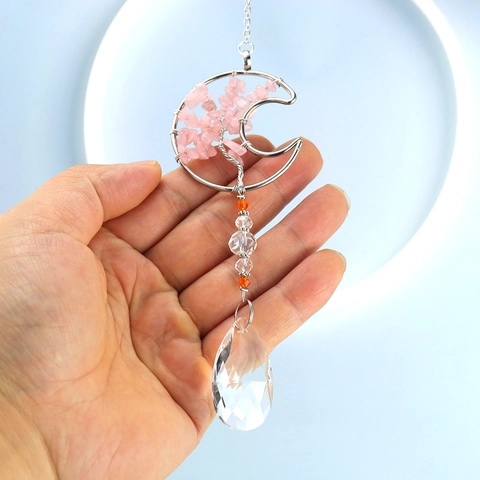 Tree Of Life Suncatcher Pink Crystal Gemstone Handmade Metal Wrapped Hanging Ornament Prism Window Decor