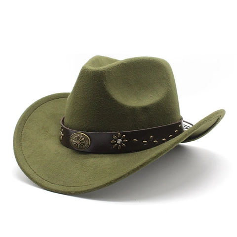 Chapeau De Cowboy Occidental Rétro Feutre De Laine Bord Large Bande En Cuir Rivets Métalliques Style Ethnique Unisexe