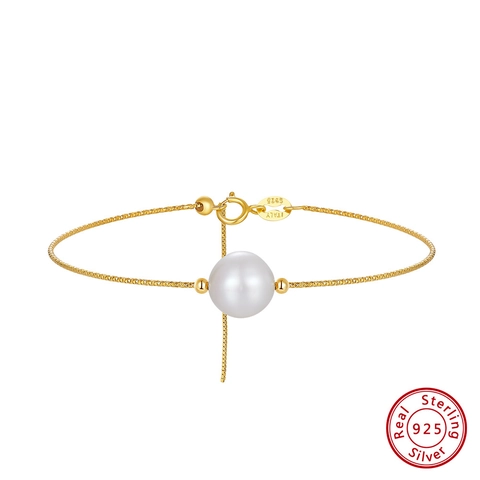 Pulsera Minimalista de Plata de Ley 925 Chapada en Oro de 14K con Perla de Agua Dulce para Mujer Joyería Elegante Ajustable