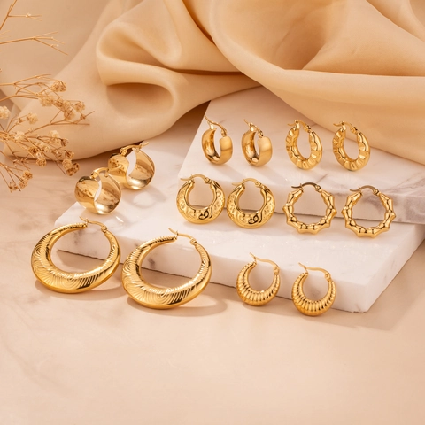 Stainless Steel Gold Hoop Earrings For Women Minimalist Geometric Textured Chunky Hoop Earrings Circle Jewelry Accessory Gift
