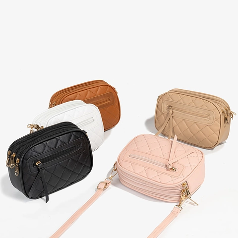 Women Quilted Rhombic Crossbody Bag PU Leather Camera Bag Three Layer Zipper Shoulder Bag Daily Small Fashion Square Bag