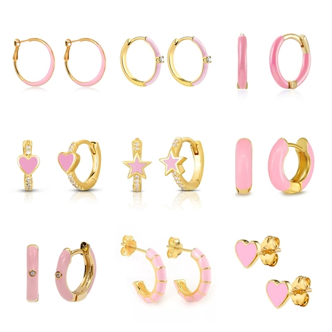 Pink Enamel Hoop Stud Earrings With 925 Sterling Silver Earring Post Copper Gold Plated Zircon Chic Jewelry For Women Girls