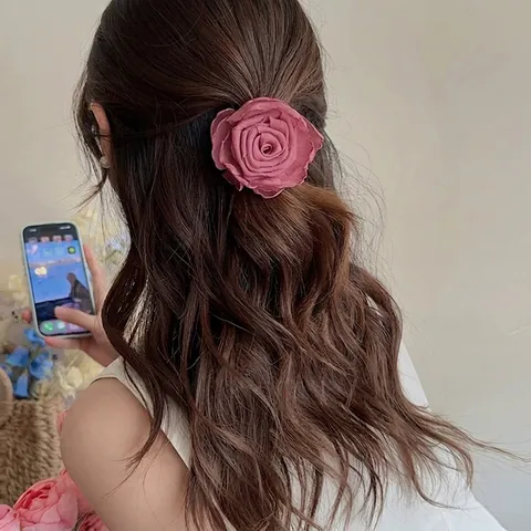 Rose Flower Hair Scrunchies Hair Claw Clips Vintage Fabric Organza Elegant Floral Ponytail Holder Accessories For Women
