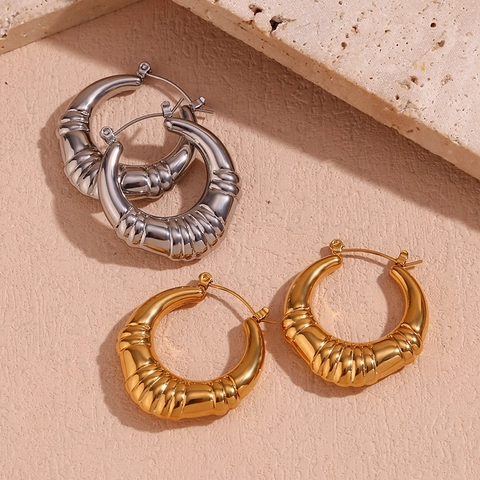Orecchini A Cerchio Spessi Acciaio Inossidabile Placcato Oro 18K Cavi Texture A Costine Retro Gioielli Per Donna