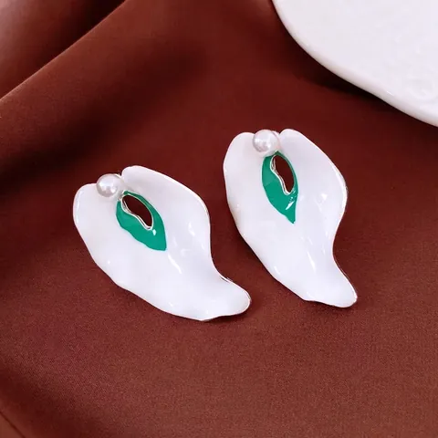 Bloemblad Kunstparel Oorbellen En Verstelbare Ring Sieraden Met Zilveren Oorsteker Emaille Calla Lelie Vintage Elegant