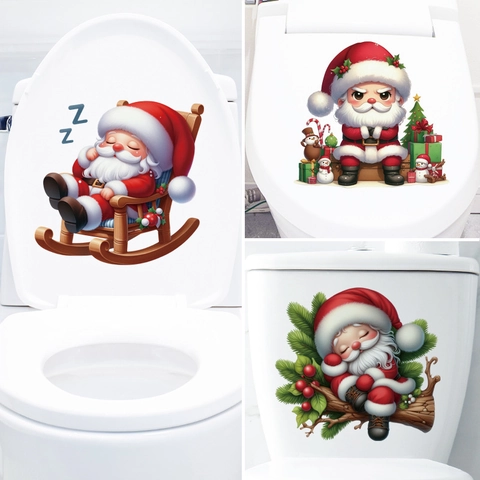 Christmas Santa Claus Toilet Lid Stickers Waterproof PVC Removable Bathroom Wall Decals Holiday Home Decorations Cartoon