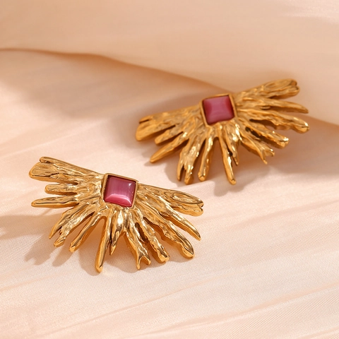 Irregular Starburst Stud Earrings Stainless Steel 18K Gold Plated Square Gemstone Vintage Artistic Jewelry For Women