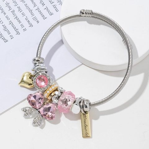 Women's Stainless Steel Beaded Bangle With Butterfly Swan Heart Key Charms Adjustable Spiral Wire Rope Bracelet Jewelry
