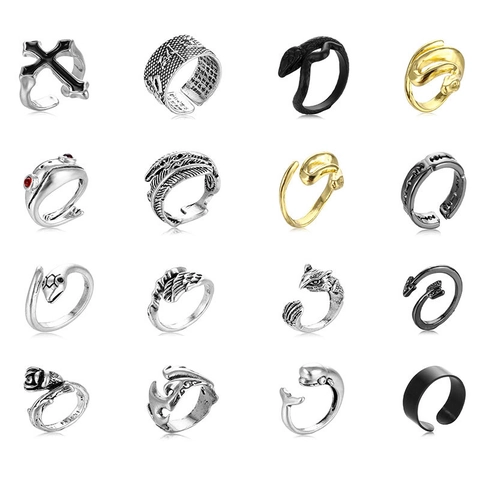 Vintage Punk Adjustable Open Rings For Men And Women Alloy Animal Snake Cross Owl Heart Sutra Hip Hop Fashion Jewelry