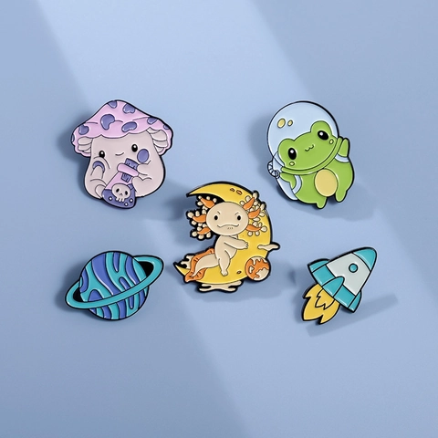 Cute Cartoon Space Astronaut Frog Rocket Planet Enamel Pins Zinc Alloy Brooches For Backpack Clothing Decor Gift For Kids Friends