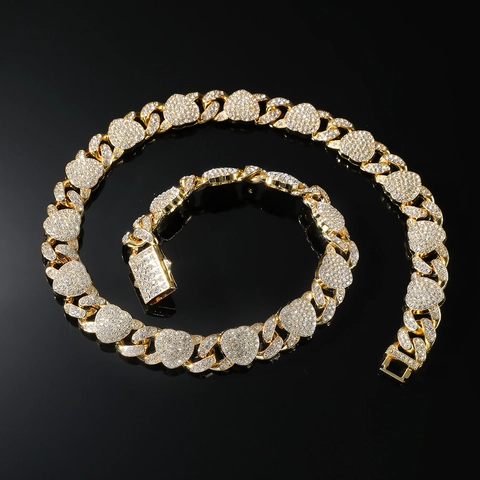 Legering Strass Iced Out Hartvormige Cubaanse Ketting Ketting Armband Hip Hop Punk Sieraden Voor Heren Dames