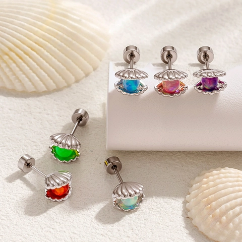 Schelp Oorkraakbeen Stud Titanium Staal Synthetische Opaal Kleurrijke Aurora Kraal Schroef Terug Oceaan Thema Sieraden