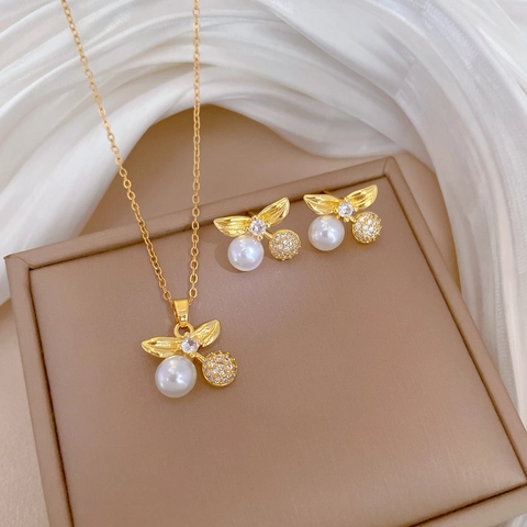 Joyas Cereza Collar Y Pendientes Acero Inoxidable Chapado Oro Cobre Perla Artificial Zircon Mujeres Elegancia Con Silver Earring Post