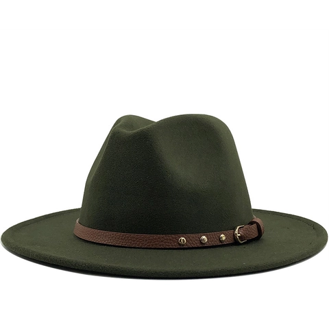 Wool Felt Fedora Hat Wide Brim Vintage British Style Brown Leather Belt Buckle Gold Rivets Unisex Jazz Cap Winter Autumn