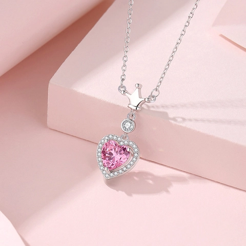 Collana Con Ciondolo a Cuore in Argento Sterling 925 Con Zirconia Cubica Rosa Design Corona Gioielli Romantici Per Donna Regalo