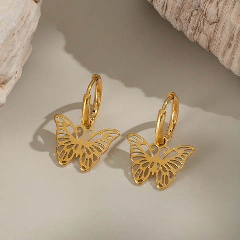 Schmetterling Creolen Edelstahl Gold Vergoldet Wasserdicht Hypoallergen Hohl Tier Anhänger Elegant Schmuck Damen