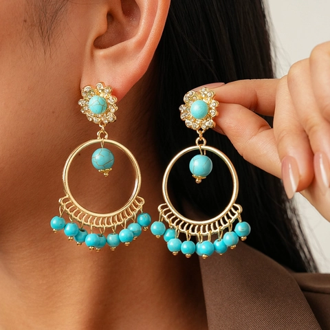 Pendientes De Aro Bohemios Con Aleación Diamantes De Imitación Cuentas De Piedra Y Poste De Plata Estilo Étnico Mujer