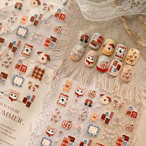 5D Reliëf Nagelstickers Vintage Patchwork Stijl Schattige Cartoon Dieren Kat Hond Beer Zelfklevende Manicure Decoratie