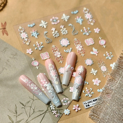 Autocollants Art Des Ongles Gaufrés 5D Fleur Papillon Brodés Vintage Auto-Adhésifs Décalcomanies Manucure Française