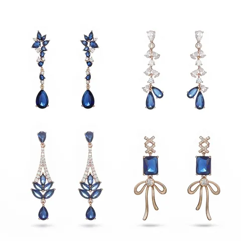 Orecchini Pendenti Lunghi Rame Con Zirconi Blu Geometrico Quadrato Lusso Elegante Retro Art Deco Gioielli Da Donna