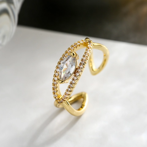 Elegant Copper Open Ring For Women Adjustable Geometric Rhinestone Finger Ring Gold Plated Luxury Jewelry For Party Daily Wear