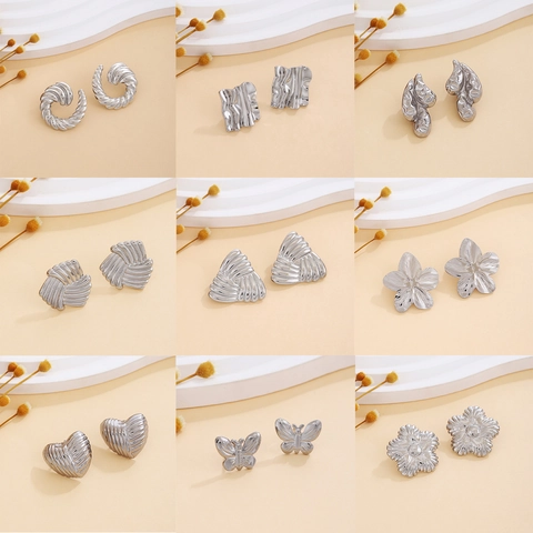 Silver Textured Stud Earrings Stainless Steel Heart Butterfly Geometric Wave Minimalist Chic Fashion Jewelry For Women