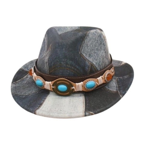 Cappello Fedora Bambino Stampa Denim Patchwork Etnico Cowboy Jazz Con Cinturino In Ecopelle Con Gemme Scena