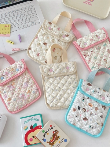 Women Quilted Cotton Mini Handbag Portable Mobile Phone Pouch Cartoon Printed Small Tote Bag With Button Closure Korean Style