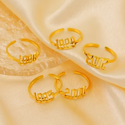 Jahr Zahl Ring 18K Vergoldet Edelstahl Verstellbar Offen Retro Gotik Altenglische Schrift Schmuck Damen Herren