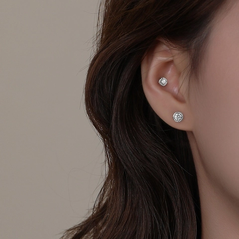 S999 Sterling Silver Zirconia Stud Earrings For Women Minimalist Luxury Round Geometric Sparkling Zirconia Earrings Jewelry Gift