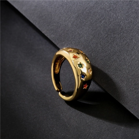 Star Open Ring Adjustable Copper Gold Plated Colorful Cubic Zirconia Geometric Hollow Trendy Jewelry For Women
