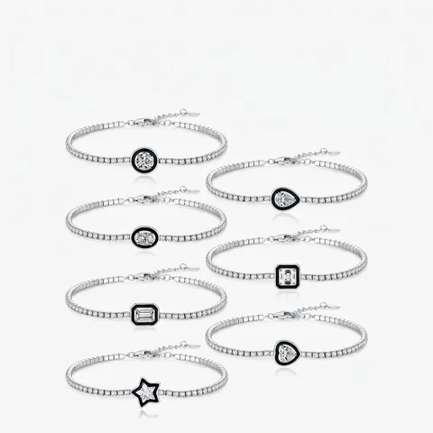 925 Sterling Silver Tennis Bracelet For Women With Black Enamel Geometric Zircon Heart Star Adjustable Chain
