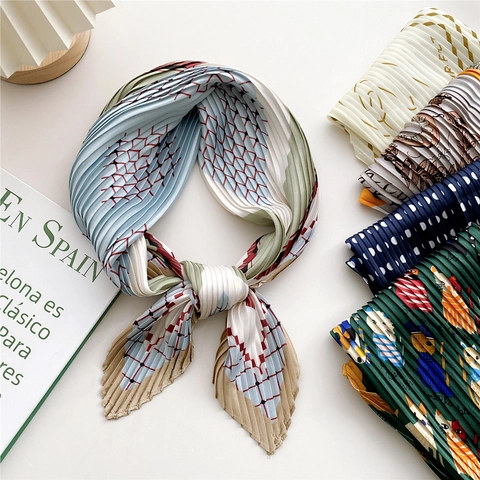 Sciarpa Quadrata Pieghettata Donna Poliestere Setoso Stampato Foulard Collo Testa Accessorio Pieghettato